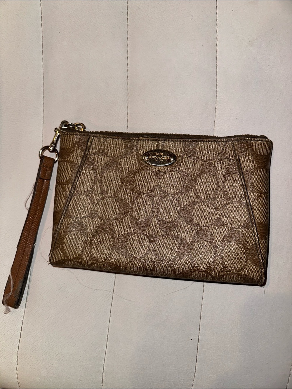 Coach Brown Signature Canvas Wristlet with Leather Strap